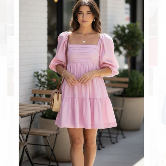 Abercrombie & Fitch Emerson Poplin Puff Sleeve Mini Dress in Pink Size L Petites - Picture 1 of 9
